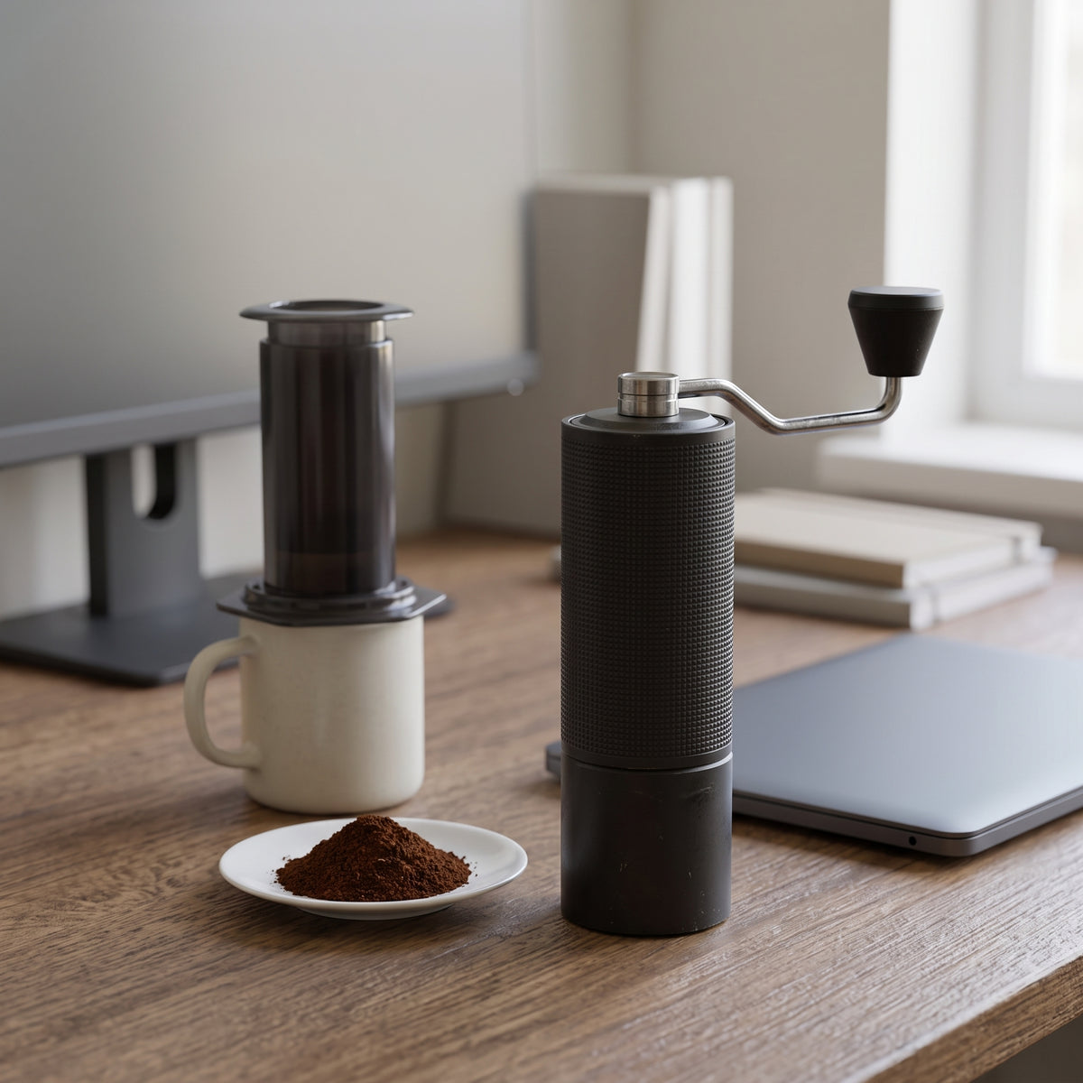 Timemore C2S na mesa, com Aeropress