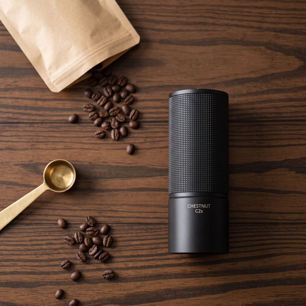 Timemore C2S, grãos de café vistos de cima
